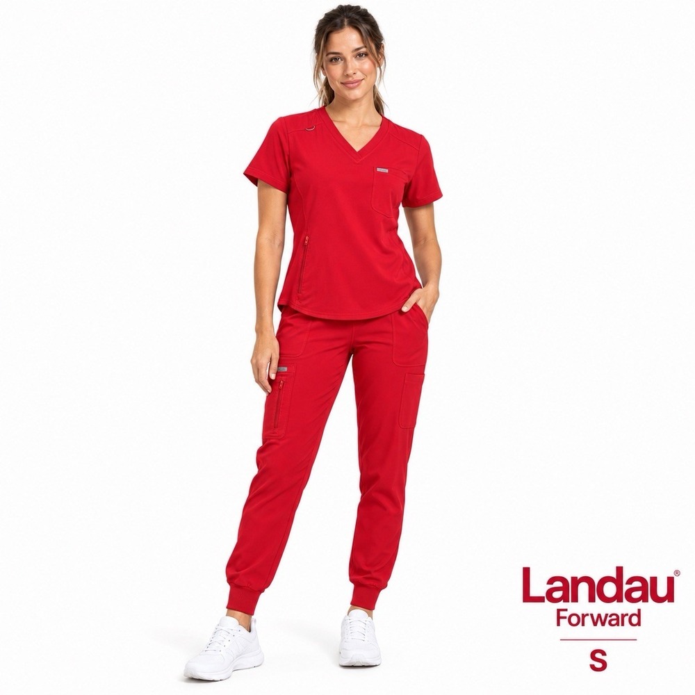 Landau Forward Women's S Red Scrub Set V Neck Top Jogger Cargo Pants Stretch